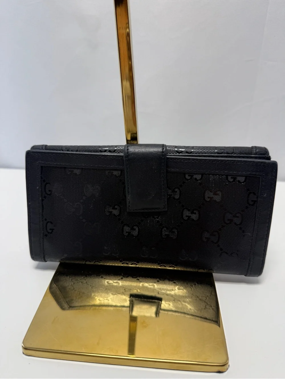 Gucci Black GG Monogram Continental Wallet with Gold Crest